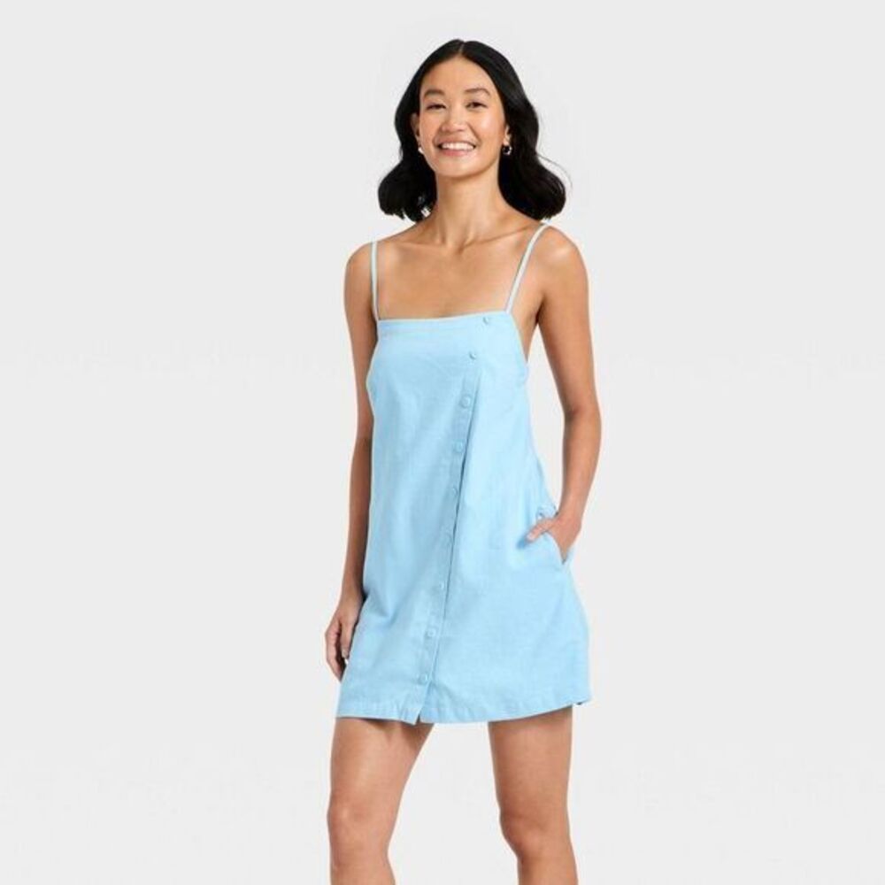 NWT A New Day Light Blue Linen Button-Front Mini Dress Size M